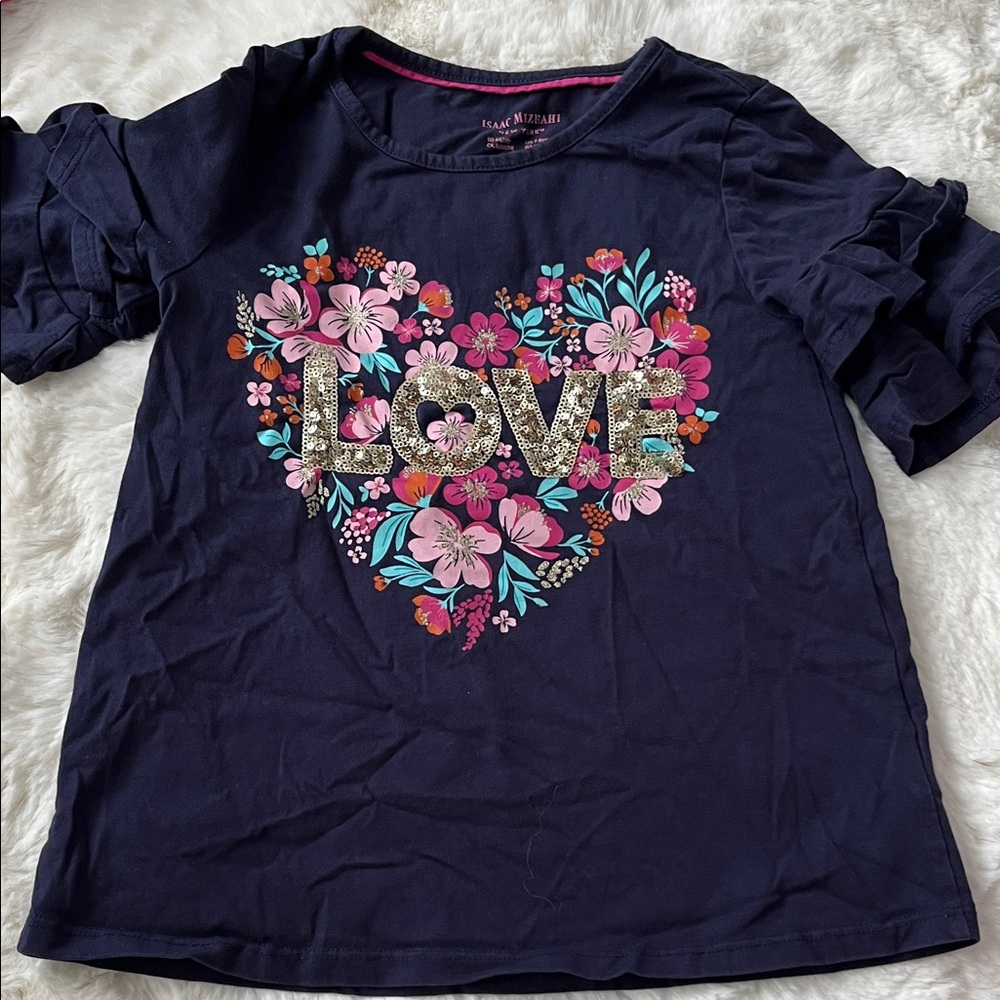 Isaac Mizrahi Navy Short Sleeve Tee with Floral Heart and Love Print